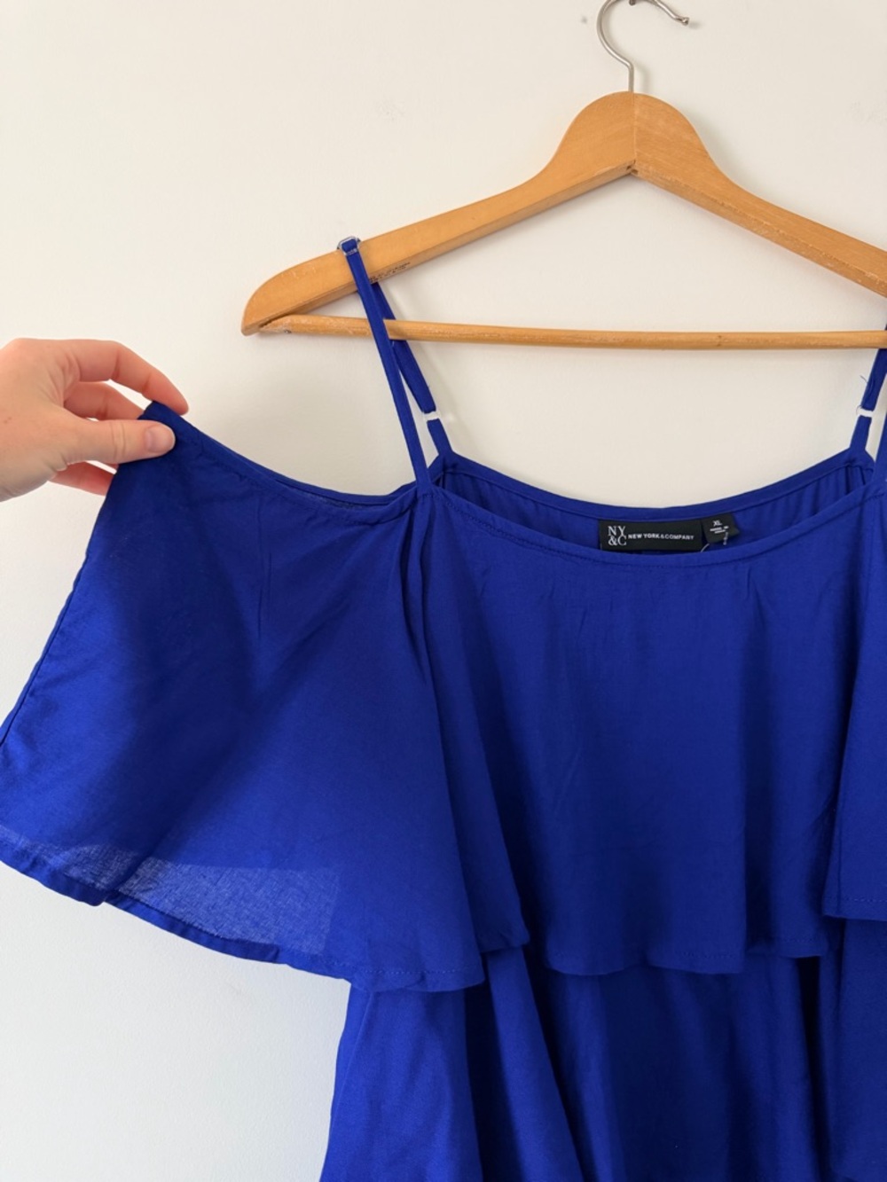 New York & Company Royal Blue Tiered Ruffle Cold Shoulder Tank Top - Picture 2 of 5